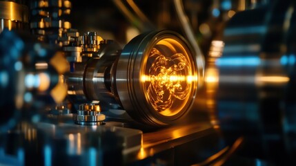 Fototapeta premium Close-Up of Advanced Machinery Part with Bright Glow and Intricate Details Showcasing Engineering and Technological Innovation