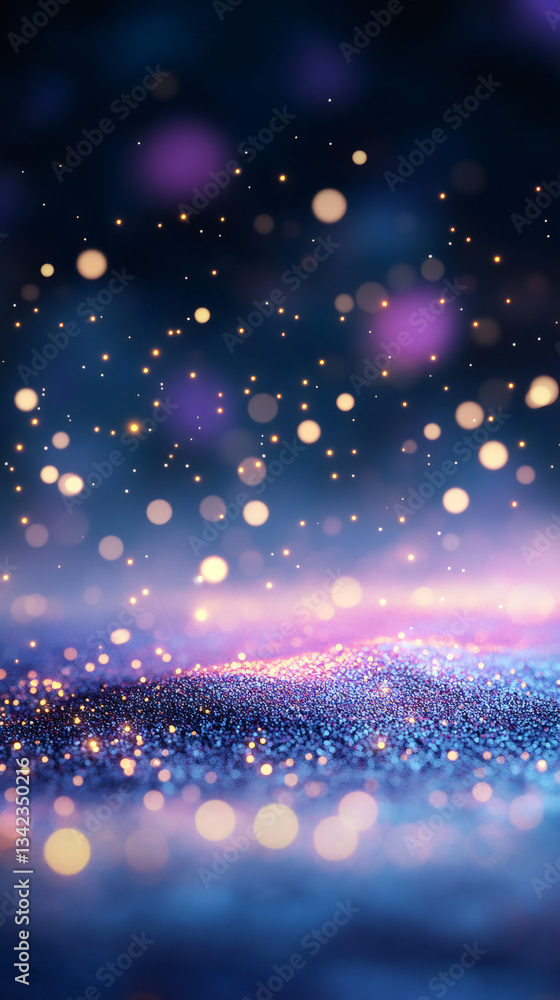 Poster sparkling purple and blue glitter creating festive holiday ambiance, soft bokeh lights adding enchan