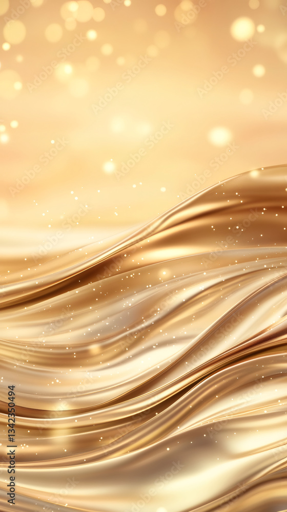 Leinwandbilder golden abstract background with smooth wavy folds of silk or satin with glitter particles and bokeh 