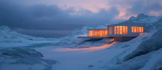 Mountaintop modern house, snowy landscape, sunset