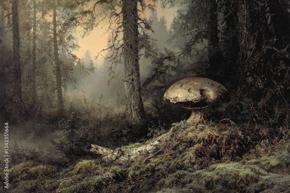 Poster a large mushroom sits on a mossy log in a misty, serene forest, sunlight filtering through the trees