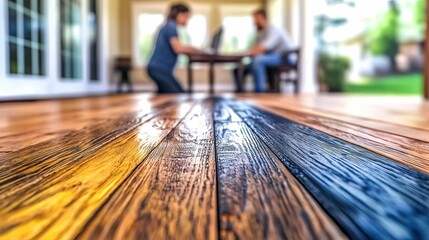 Wooden porch, people working outdoors