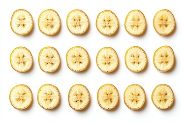 Pattern of sliced bananas on white background.