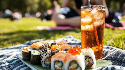 Japanese Food Picnic on a Sunny Day At Park Lawn Area In Summer Season with Refreshing Beverage Drinks and Healthy Food Items on a Table Under Bright Sky Photography Image with Blurred Backgrounds