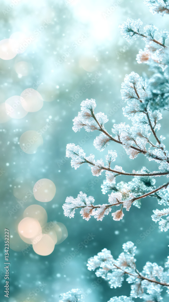 Aufkleber beautiful winter wonderland with snow covered pine branches during snowfall with bokeh effect in the