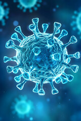 A highly detailed 3D rendering of a virus particle, with spiky proteins and a spherical shape, symbolizing the complexity of microscopic pathogens