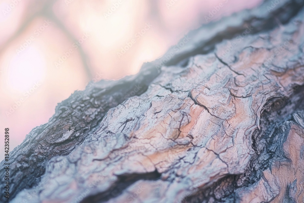 Poster close-up view of textured tree bark, showing intricate cracks and patterns in pastel tones.