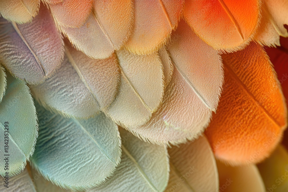 Poster close-up view of overlapping bird feathers showcasing a gradient of pastel and warm orange hues.