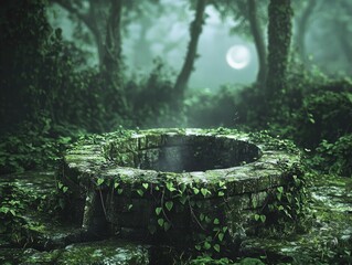 Enchanted mossy well in a mystical forest at night, moonlit scene.