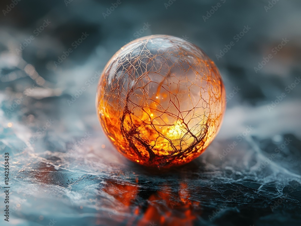 Aufkleber a fiery, branching structure encased within a translucent sphere, resting on a frosty surface.