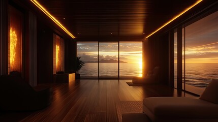 Sunset serenity modern interior ocean view lounge tranquil atmosphere relaxation