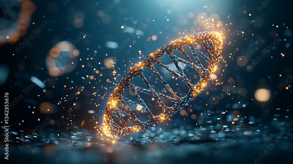 Poster dna helix in motion, surrounded by particles