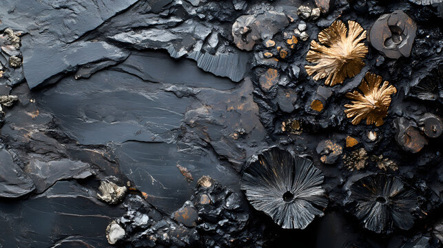 Basalt with obsidian glass and volcanic plant fossils, stone, fossil. Volcanic Glass. Illustration