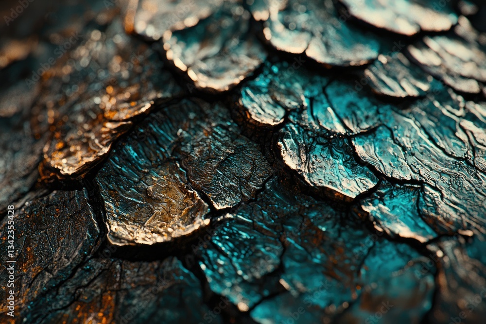 Poster close-up of textured tree bark, showcasing intricate patterns and a teal and gold color palette.