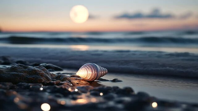 July 4th fireworks shell on rocky shore with glowing waves