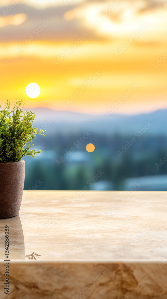 Poster empty marble tabletop perfect for displaying products with a beautiful sunset over a city skyline as