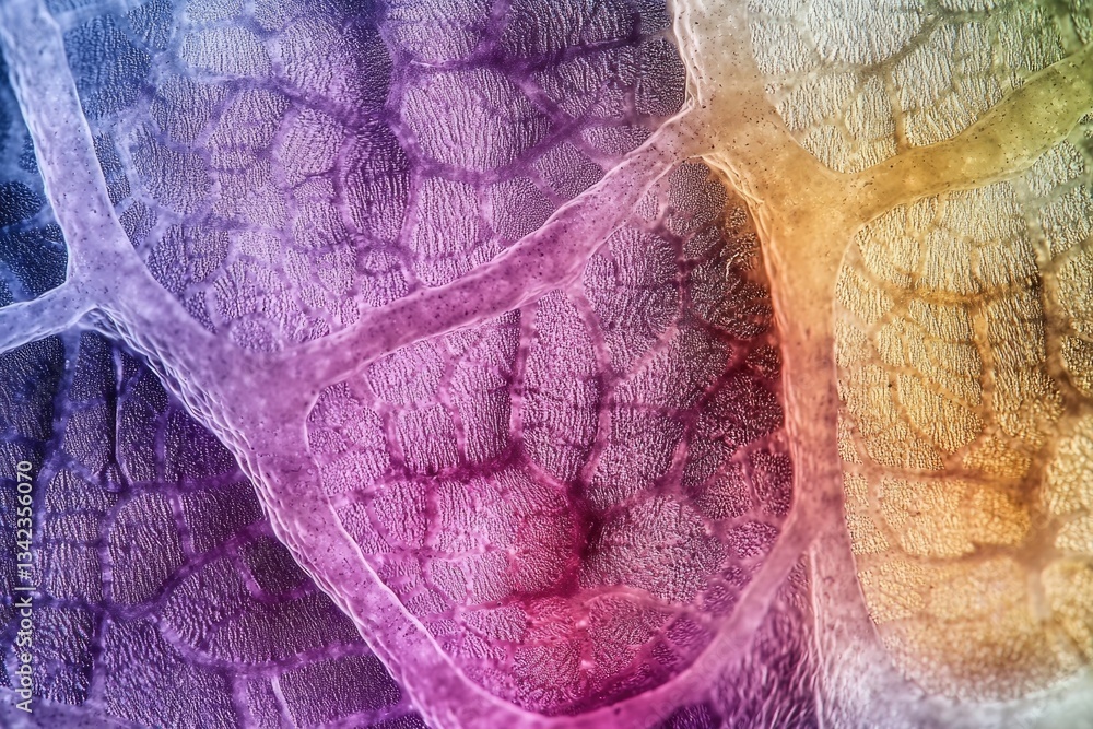 Aufkleber microscopic view of intricate cellular structures, vibrant colors showcasing complex network.
