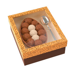 Chocolate box with easter egg and spoon in 3d render with transparent background