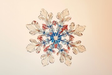 A stunning, intricately detailed snowflake with blue and red hues, showcasing nature's artistry.