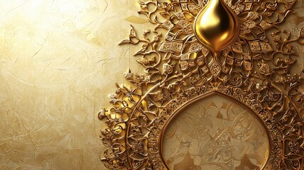 Naklejka premium A luxurious golden Ramadan Kareem banner with intricate filigree detailing, elegant Arabic patterns, and a soft glowing light for a festive and refined look. 