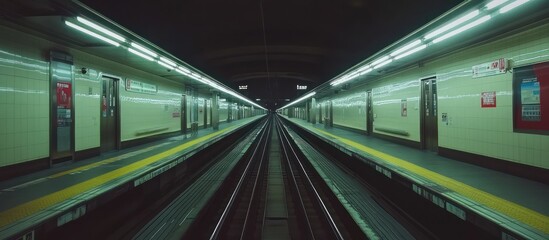 Obraz premium Empty subway platform, tunnel view, city travel