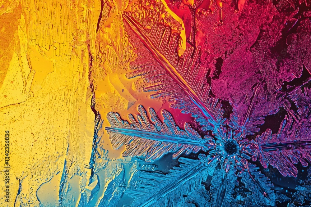Poster a vibrant, close-up shot of a snowflake displaying intricate crystalline structures in warm and cool
