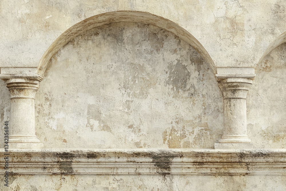 Poster weathered stone wall with two classical arches and columns, creating a rustic and elegant backdrop.