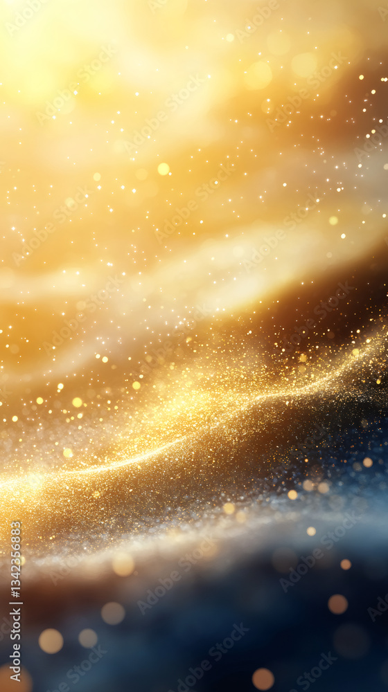 Poster swirling golden particles in a magical light beam create a luxurious abstract background, adding gla