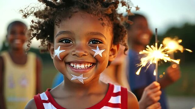 Kids celebrating Independence Day with face painting and sparklers