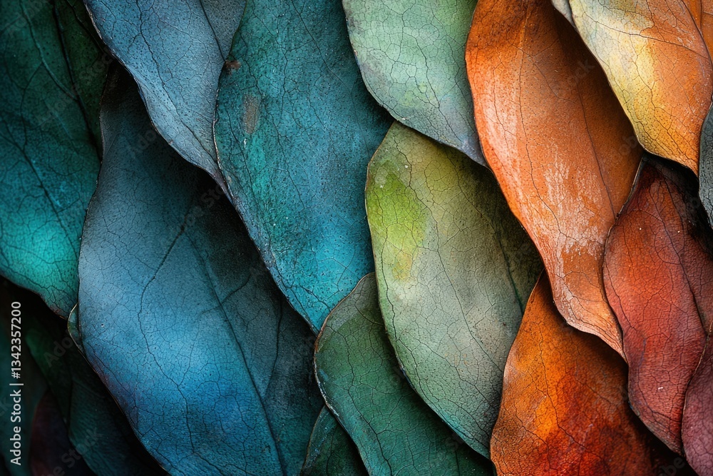 Poster overlapping textured leaves in teal, green, and orange hues, creating an abstract pattern.