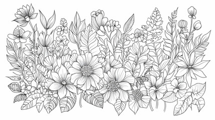 Black and white floral illustration; diverse flowers, leaves; botanical art; ideal for coloring books, prints, or patterns