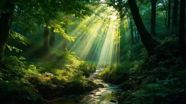 ,Serene River Flows Amid Dense, Verdant Forest Wilderness Smooth repeating motion for background video animation.