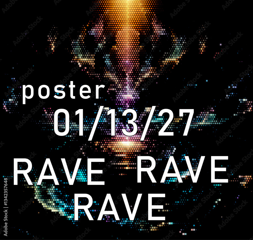 Aufkleber rave poster with abstract, pixelated patterns in vibrant colors on a black background, creating a dy