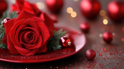 Festive Christmas table setting with red roses and ornaments