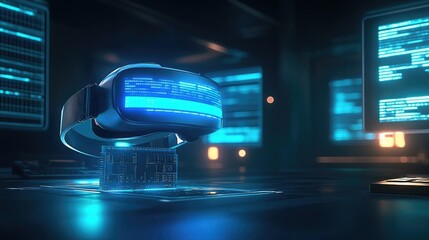 Obraz premium Futuristic Virtual Reality Headset on Glowing Display in a Dark Server Room Containing Computer Screens with Code and Data Networks Displaying Progress in Digital World with Abstract Sci Fi Elements