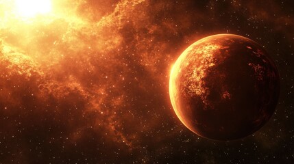 Obraz premium Stunning Cosmic View of an Orange Planet Surrounded by Fiery Clouds and Bright Stars in a Colorful Deep Space Setting