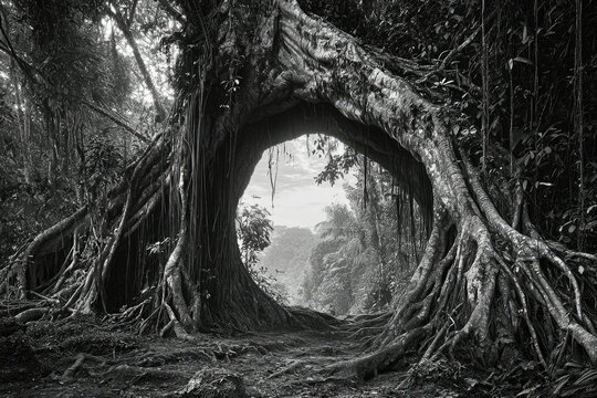 A majestic ancient tree forms a natural archway, revealing a serene forest beyond.  Its massive roots create a mystical passage.