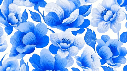 Blue floral pattern, seamless design, textile print, white background, spring wallpaper