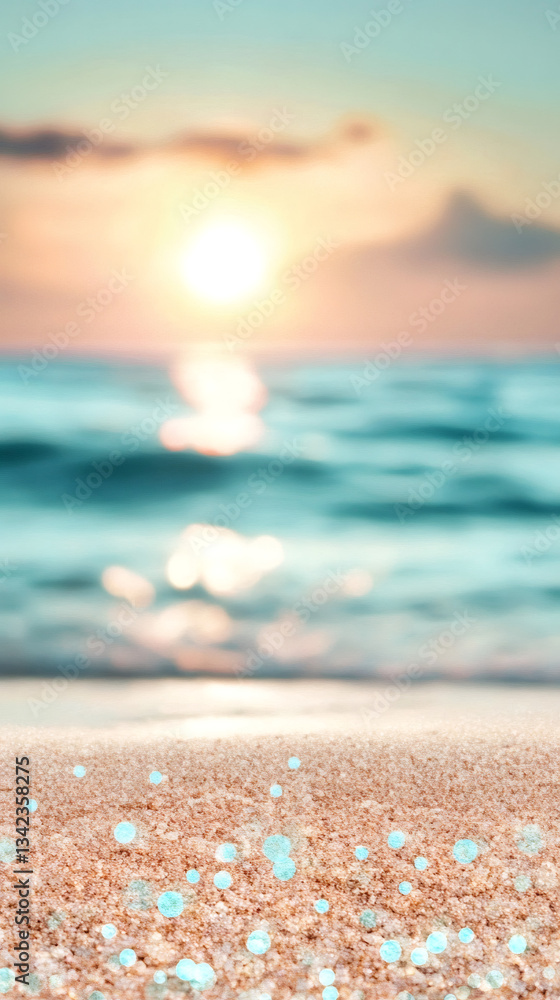 Poster beautiful sunset over a blurred ocean with glittering sand in the foreground, creating a dreamy and 