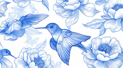 Fototapeta premium Blue hummingbirds and peonies floral pattern, nature background, textile design
