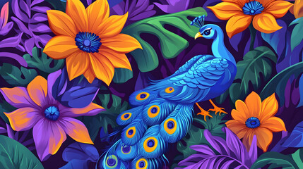 Obraz premium Blue peacock amidst vibrant tropical flowers and foliage; ideal for textile prints or vibrant wall art