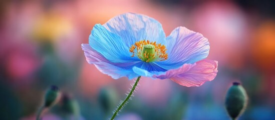 Blue poppy field bloom, sunset backdrop