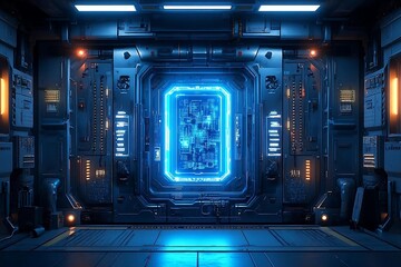 Futuristic Blue Portal In A Dark Sci Fi Room With Glowing Panels