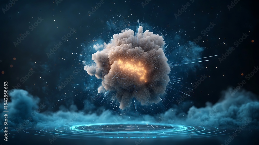 Poster explosive cosmic cloud hovering above a futuristic stage