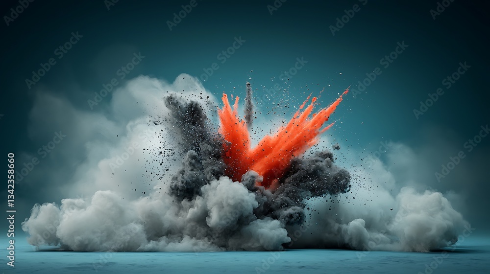 Poster Explosive color clash.  A vibrant burst of orange and gray powder explodes outward, creating a dramatic, dynamic display
