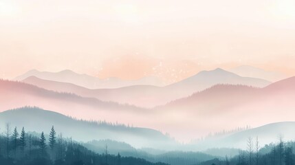 Obraz premium Gentle Pastel Landscape of Layered Mountains and Mist at Sunrise in a Serene Environment