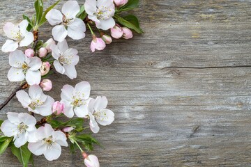 Delicate spring blossoms arranged on weathered wood, creating a serene and natural scene.
