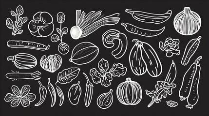 Chalkboard illustration of various vegetables, perfect for recipe blogs, cookbooks, or farmers' market promotions