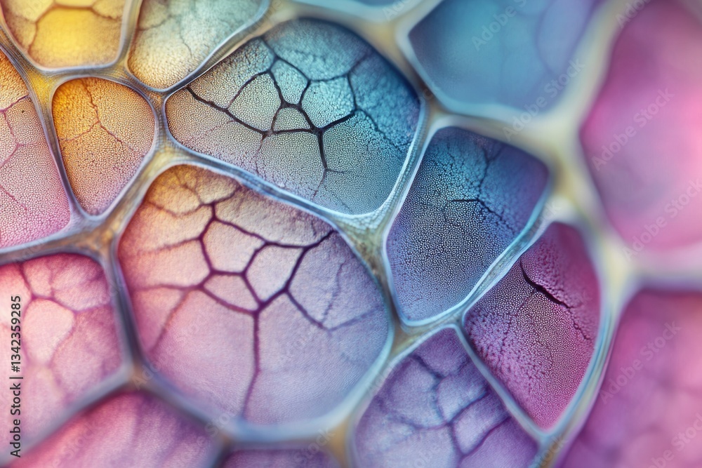 Poster abstract close-up showcasing vibrant, multicolored, textured cells with intricate vein-like structur