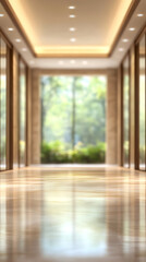 Fototapeta premium Blurred background of a luxurious hotel corridor with shiny marble floor leading to a bright window view of a green garden